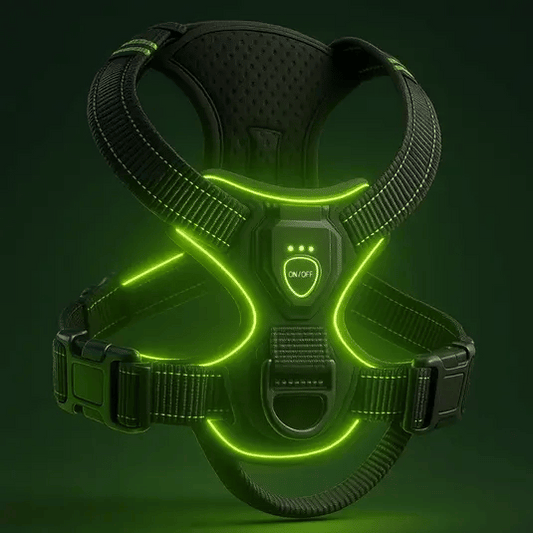 Harnais lumineux pour chien - Réglable, rechargeable et sans traction - TribupetsMVertHarnais lumineux pour chien - Réglable, rechargeable et sans traction