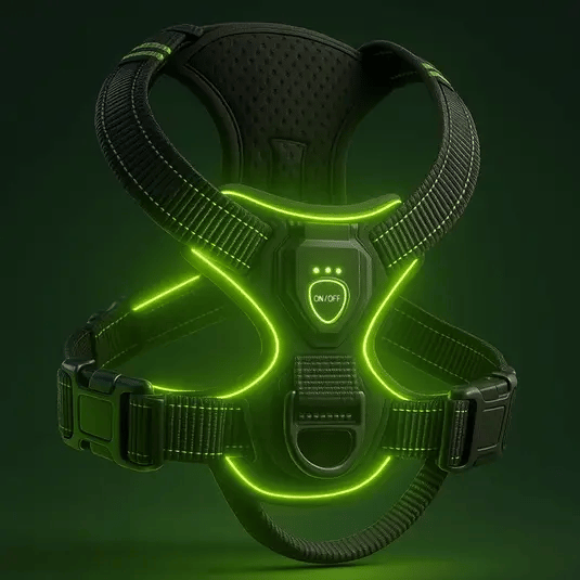 Harnais lumineux pour chien - Réglable, rechargeable et sans traction - TribupetsMVertHarnais lumineux pour chien - Réglable, rechargeable et sans traction